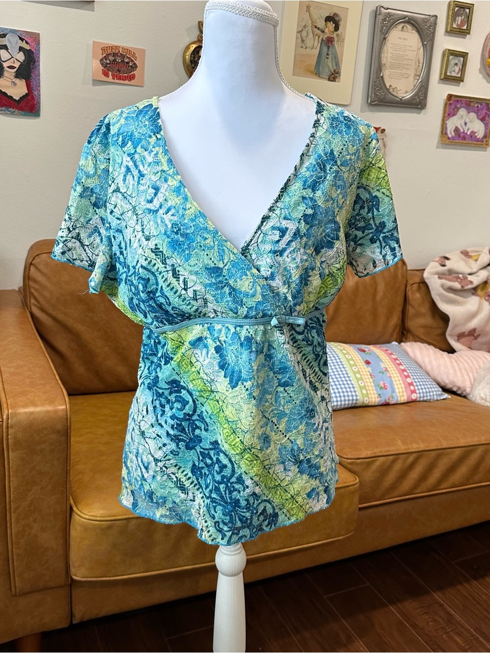 dressbarn Blue Green Floral Wrap-Style Blouse